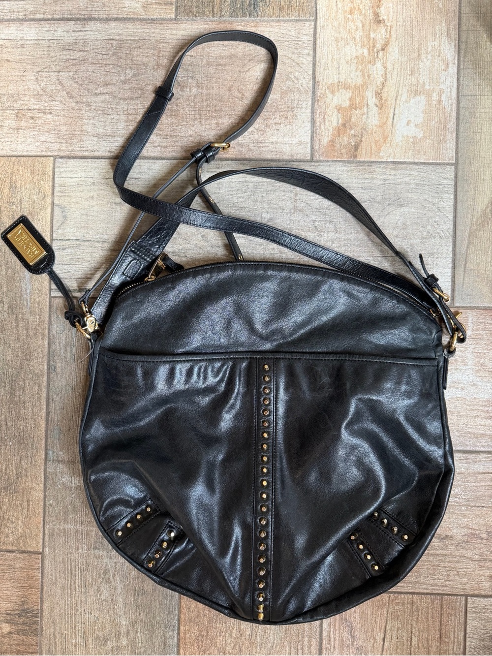 Badgley Mischka Black Leather Studded Round Crossbody Bag